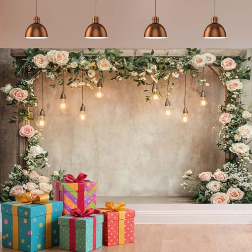 5x4ft Country Wedding Photography Backdrop Floral Rustic Roses Farmhouse Wooden Door Backdrop Pink Flower Birthday Baby Shower Wedding Bridal Party Banner Photo Booth Props Anniversary Background - color: Multi5, size: 5X4FT