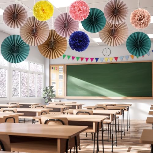 Kosiz 18 Pcs Boho Classroom Hanging Decoration Boho Paper Fans Soft Colored Pom Poms Country School Hanging Fans Tissue Paper Flower for Room Classroom Birthday Party Supplies Decoration - color: Pure Color