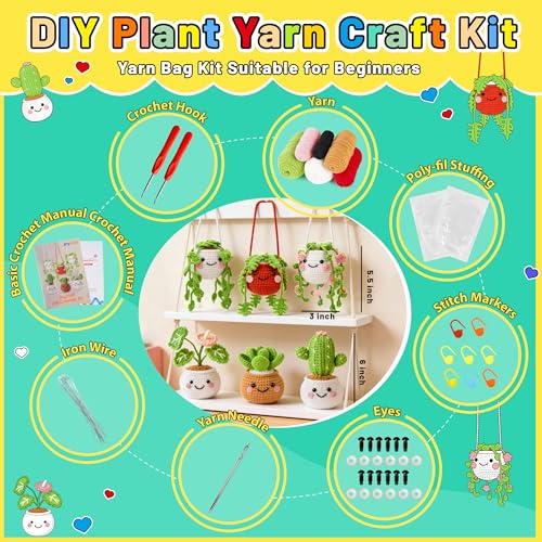 Joyclub Crochet Kit for Beginners Crochet Starter Kits for Adults with Step by Step Video Amigurumi Kit, 6 Pcs Fake Hanging Potted Plants Family, DIY Craft Gifts for Crocheting Lovers Mother Teacher - color: Colorful Plant