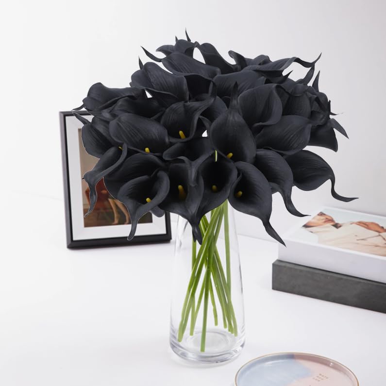 24 Pcs Black Artificial Calla Lily Flowers Fake Black Silk Flowers Real Touch for Wedding Bouquet Office Home Kitchen Decor - color: Black