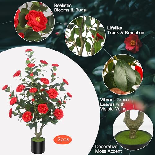 2Pack 39.37"/3.28FT Artificial Camellia Trees with 32 Flowers in Cement Pots – Lifelike Fake Trees for Front Porch, Home, Indoor Outdoor Spring Decor, Office or Housewarming Gifts (Red) - color: Red, size: 3ft 3inx2