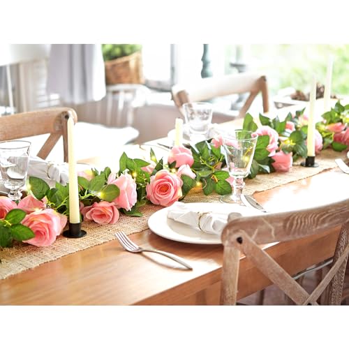 FiveSeasonStuff 29 Ft 4 Pack Amaranth Light Pink Rose Silk Flower Garland Artificial Flowers Decoration Hanging Floral with 66 feet String Lights - color: Amaranth Pink With String Lights