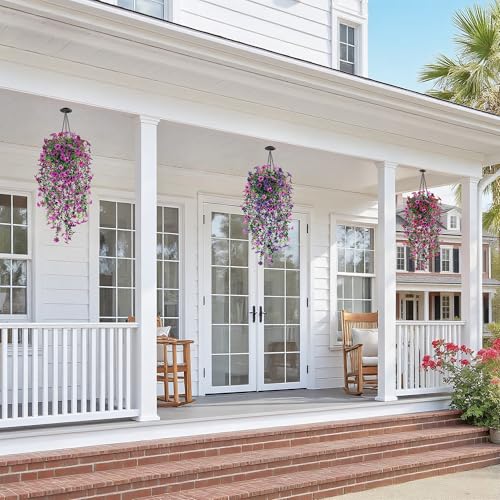 QCQHDU Artificial Hanging Flowers for Outdoors,2Pcs Fake Hanging Plants 29.5 Inch Long for Spring Summer Decoration,UV Resistant Faux Flowers for Patio Porch Garden Yard Balcony Decor, Double Purple - color: Double Purple