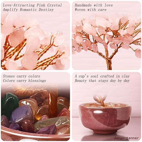 Rose Quartz Crystal Tree,Romantic Office Desk Bedroom Decor,Handmade Copper Wire in Crackle Ceramic Base,Spiritual Gift for Her - color: 1-blossom Bliss