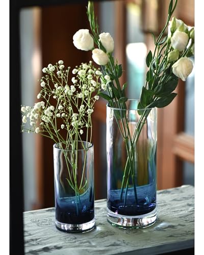 CONVIVA Blue Glass Cylinder Vases for Flowers Set of 2, Modern Hand Blown Thick Ombre Centerpieces, Heavy Coastal Home Decor for Dining Table, Tall and Small 10" & 7" - color: Blue Set of 2