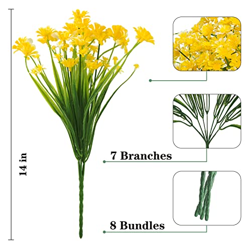 Outdoor Artificial Daisies Flowers,8 Bundles UV Resistant Fake Flowers Outdoor Faux Plastic Flowers Shrubs for Indoor Outside Garden Porch Home Decor(Yellow) - color: Yellow, size: 8 Bundles