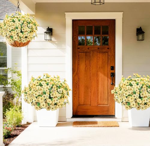 Artificial Outdoor Flowers 16 Bundles UV Resistant Fake Mums Flowers Plants for Decoration Indoor Outdoor Window Box Hanging Planter Home Porch Decor Plastic Faux Flowers (Yellow) - color: Yellow