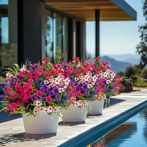 AXYLEX Artificial Flowers for Outdoors, 16 Bundles Fake Plants (Mixed) | UV resistant faux plastic flowers, no fade artificial greenery – garden, patio, porch & home - color: Mix White Purple Pink Lavander