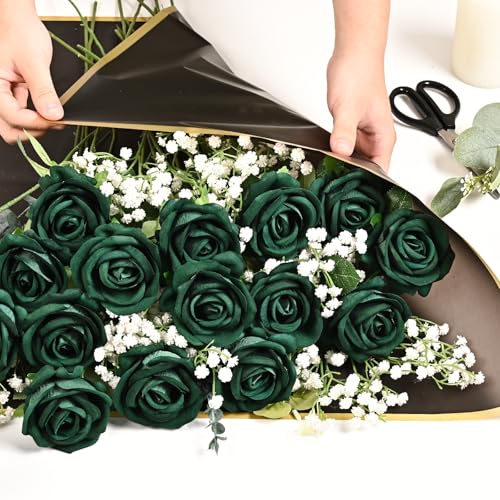 Waipfaru 50 Pcs Green Roses, Fake Roses Artificial Velet Flowers for Valentines Mothers Day Wedding Centerpieces Decor (Emerald Green) - color: Emerald Green, size: 50 Pcs