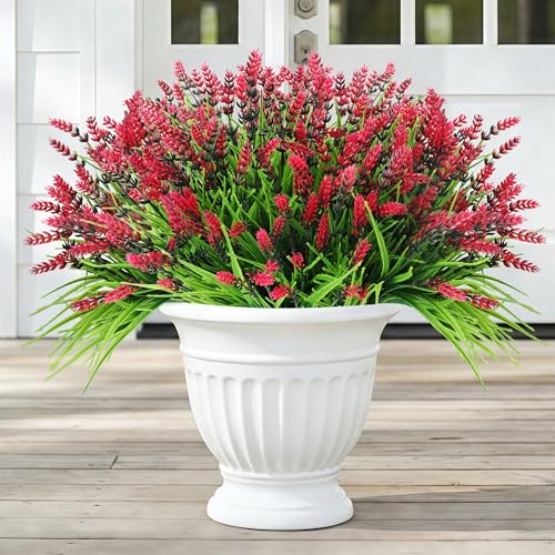 Faux Flowers for Outdoor Planters – 20 Bundles Fake Plants Outdoor, UV Resistant Artificial Plants & Flowers with Fake Monkey Grass, Faux Outdoor Plants for Porch Patio Garden Decor - color: Red Lotus – 20 Bundles