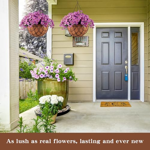 Beeveer 2 Pack Artificial Hanging Flower Basket for Outdoor Decoration Faux Orchid Hanging Plants with Coconut Lining Basket Fake Arrangement for Porch Courtyard Decor - color: Purple