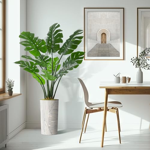 Artificial Tree in Geometric Pattern Planter, Fake Monstera Silk Tree for Indoor and Outdoor Home Decoration - 65" Overall Tall (Plant Pot Plus Tree) - style: Monstera Plant