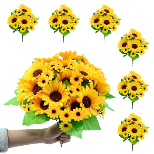 6 Pack Artificial Sunflowers Bouquet, Outdoor Artificial Flower with Stems, 60 Silk Sunflowers Heads, Fake Artificial Flowers for Outdoor Indoor Decoration, Wedding Table Home Porch Cemetery Decor