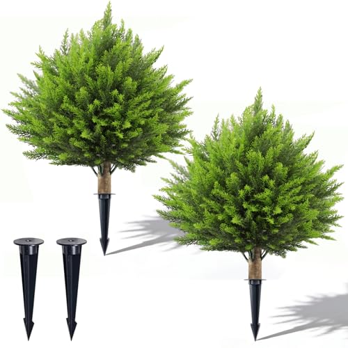 24" Artificial Ceder Topiary Trees, UV Resistant Faux Plants Shrubs Bushes Fake Greenery Plants for Front Door Indoor Outdoor Home Decor with Metallic Spike - color: Cedar Ball Tree