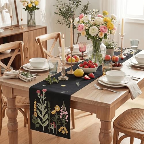 Artoid Mode Black Soft Chain Embroidery Wild Floral Spring Table Runner, Seasonal Halloween Kitchen Dining Table Decoration for Home Party Decor 13x72 Inch - color: Black, size: 13" x 72", Table Runner
