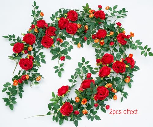 2 PCS 12FT Bendable Flower Garland, Artificial Rose Vine Hanging Floral Garland Decoration for Weding Home Room Wall Decor (Red) - color: Red, size: 2pcs