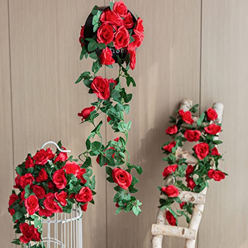 4 Pack (32FT) Artificial Rose Vine Fake Flowers Garland Hanging Silk Rose Ivy Plants Vine for Mother's Day Wedding Arch Party Wall Indoor and Outdoor Aesthetic Art Décor (Red) - color: Red