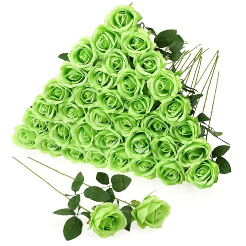36 Pcs Silk Green Rose Bouquet Bridal Artificial Flowers,Fake Rose Long Stem Realistic Flowers Bulk for Wedding Bouquet Ball Arrangement Centerpiece Party Decor - color: Light Green