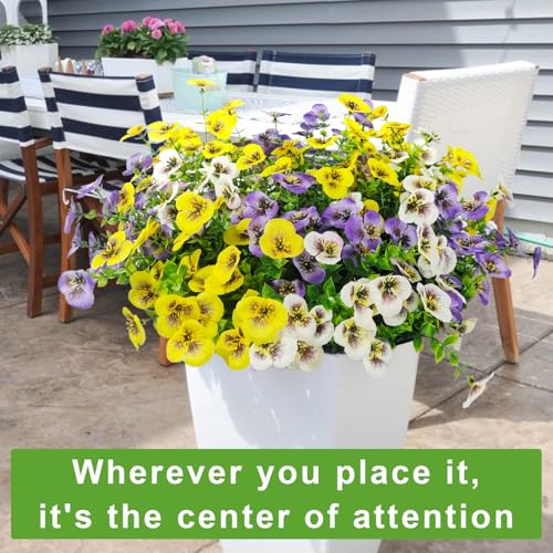 16 Bundles Artificial Fake Pansies Flowers for Outdoors Silk Colorful Pansy UV Resistant Faux Plastic Plants for Outside Planter Front Door Porch Yard Patio Garden Decor (Yellow Purple White) - color: Yellow Purple White