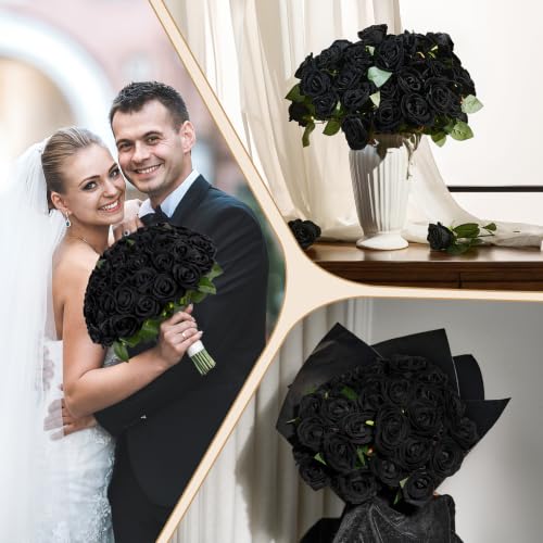 AmyHomie 48 PCS Black Roses Velvet Realistic Artificial Flowers with Bendable Stems for Wedding Bouquets Baby Shower Party Home Decor Fake Flowers Gifts for Valentines, Mothers Day, Womens Day - color: Black