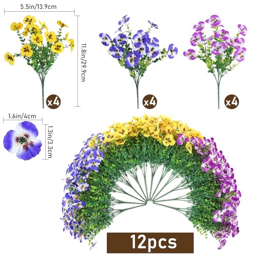 Artificial Pansies Flowers for Outdoor Faux Flower Spring Summer Decor, 12 Bundles Realistic Fake Silk Flowers Outside UV Resistant for Porch Patio Garden Home Window Box Planters Purple Mix - color: Purple Lilac Yellow