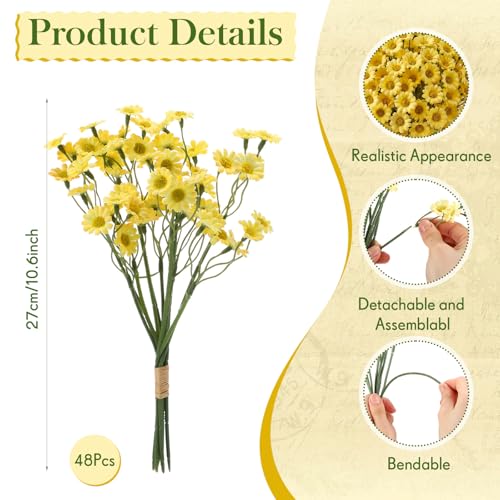 48 Pcs Small Daisy Flowers Artificial 10.6 Inch Fake Daisies Silk Floral Bouquets Spring Wildflowers with Stems Floral Arrangements for Vase Wedding Centerpiece Table Decor(Yellow) - color: Yellow