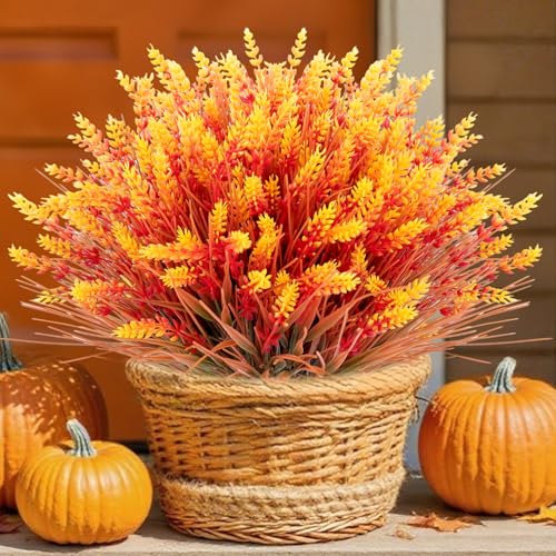 12 Bundles Artificial Fall Lavender Flowers for Outdoors UV Resistant Fake Monkey Grass with Flowers, No Fade Fake Mums Faux Plastic Shrubs Plants for Porch Garden Planters Window Box Decor, Orange - color: Orange, size: 12 Bundles