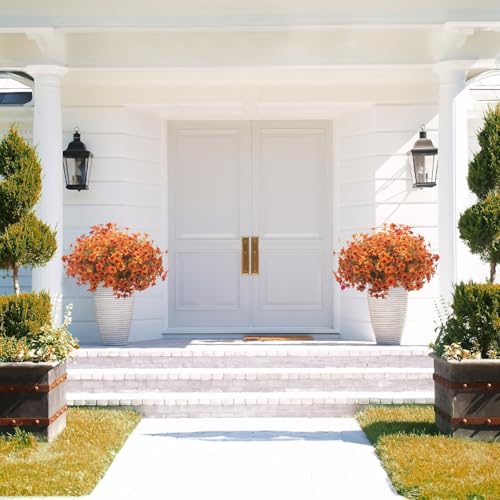 Grunyia 16 Bundles Artificial Fall Flowers for Outdoors Fake Plants UV Resistant Plastic Plants Shrubs Bushes for Home Fall Front Door Porch Garden Autumn Decor (Fall Red) - color: Fall Red