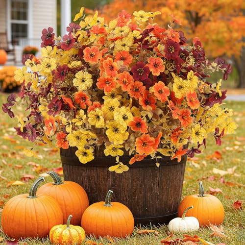 ATTGREAT Artificial Fall Flowers Outdoors UV Resistant Fake Mums Bulk Outside Faux Mums Plants Decorations for Home Garden Porch Hanging Planter Autumn Decor, 12 Bundles (Mix Orange Yellow Fall Red) - color: Orange Yellow Fall Red, size: 12PCS