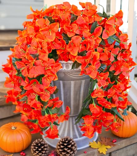 Bougainvillea Artificial Hanging Flowers Plants for Outdoors Fall Autumn Decor, 2pcs Fake Flowers Silk Bougainvillea Vines Realistic UV Resistant Faux Flowers for Outdoor Planters Porch Patio Gardens - color: Orange