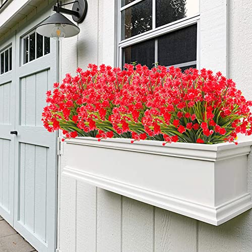 Outdoor Artificial Fake Flowers - 8 Bundles Plastic Flowers Outdoors Plants UV Resistant Faux Flowers for Indoor Outdoor Garden Hanging Porch Window Box Wedding Decor(Red) - color: Red, size: 8 Bundles