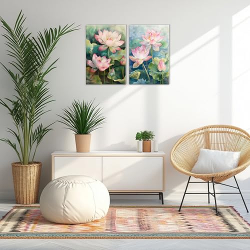 KPLUNDO Zen Canvas Wall Art 2 Panel Blooming Pink Lotus Poster Wall Decor Watercolor Lotus Pond Painting Modern Artwork Spa Room Home Decoration Ready To Hang(Artwork-2,16"x24"x2pcs) - color: Artwork-2, size: 16"x24"x2pcs