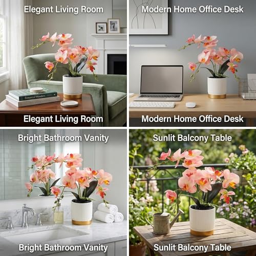 Artificial Orchid Plant with Pot, Realistic Faux Phalaenopsis Orchid with Moss, Lightweight Desktop Decor for Home and Office (Pink Two Branches) - color: Pink Two Branches