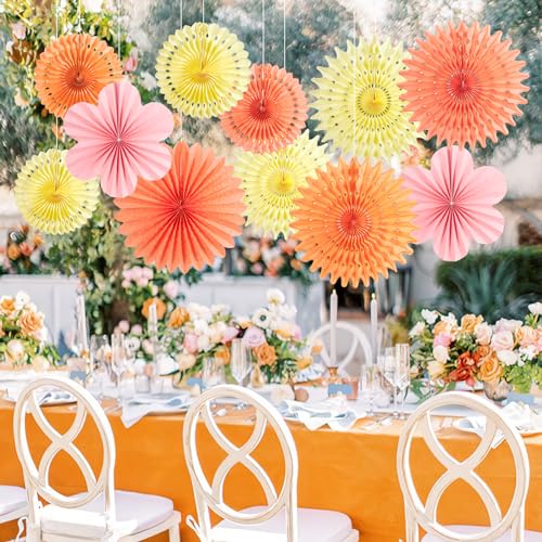 PAPER JAZZ Paper Flowers with Paper Fan Boho Hanging Decor Artificial Flowers Decorations for Wall Pink and Orange Party Decorations for Classroom, Beach Party, Summer Birthday Party Pack of 11. - color: Orange Pink