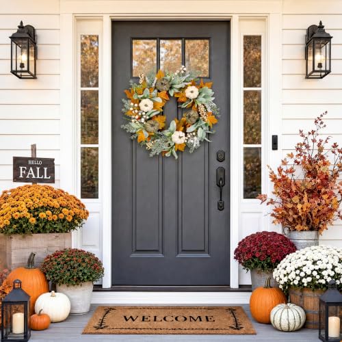 20" Fall Wreath Front Door Pumpkin Lambs Ear Maple Leaf Artificial Wall Decor Farmhouse Autumn Wreath Thanksgiving Home Porch Outdoor Indoor Holiday Harvest Decor - color: Clear, size: 20''