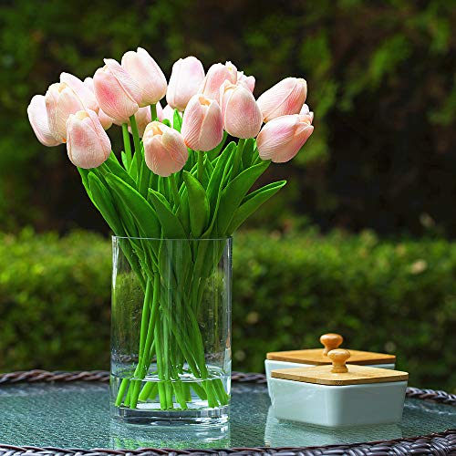 20 Pieces Artificial Real Touch Tulips Flower Arrangement in Glass Vase with Faux Water for Home Decoration (Pink) - color: Pink