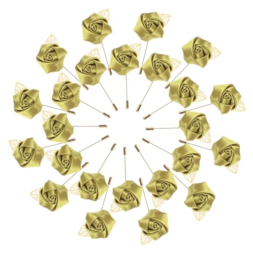 M METERXITY 48-Pack Flower Lapel Pins for Men, Golden Leaf Rose Boutonnieres Pin Groom Boutonnieres for Wedding/Dance/Party, Men Lapel Pins for Suits Satin Flower Corsage [Gold] - color: Gold
