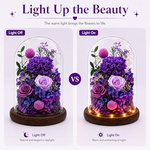 Preserved Flowers in Glass, Preserved Rose with 1 Royal Purple Carnation & 2 Roses, Eternal Flower Gift for Grandma Wife, Forever Flowers for Anniversary Birthday Lasts 3-5 Years - color: Purple