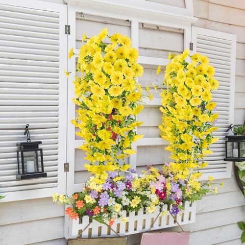 4PCs Hanging Morning Glory UV Resistant Artificial Outdoor Flowers,Faux Flowers for Planters,Hyeflora Cascading Plants Garden,Home Decor,Wedding,Patio,Porch,Yard(Yellow,2 Bunches/4Pcs) - color: Yellow, size: 2 Bunches/ 4Pcs