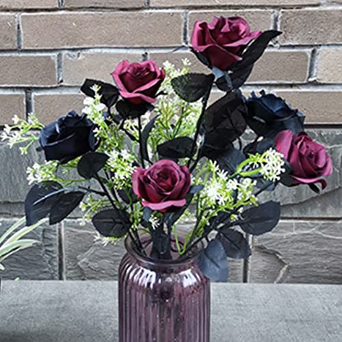 8pcs Artificial Rose Flower, No Fade black roses, ,Single Stem Fake Silk Flowers Realistic Blossom Flora for DIY Home OfficeParty Decoration Bridal Wedding Bouquet Halloween Decoration (Wine red) - color: Wine Red