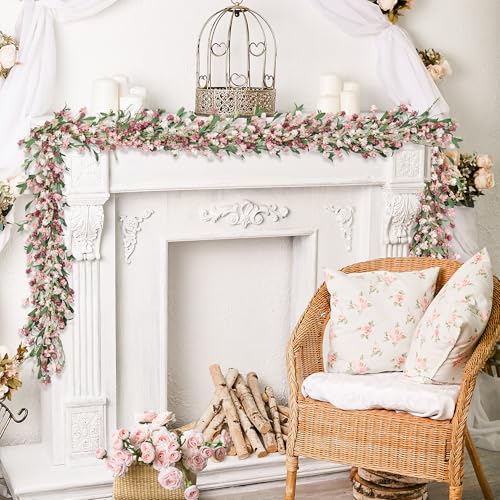 6ft Spring Summer Flower Garland, Artificial Floral Vine for Wall Backdrop Mantle Fireplace Stair Table Wedding Arch, All Season Home Door Porch Decor (Pink) - color: Pink