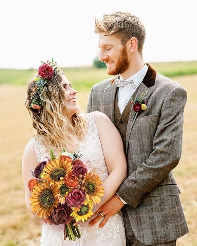 FACINOC Sunflower Artificial Flowers Burgundy Fake Flower Bulk for DIY Wedding Bouquet Bridal Shower Decorations Party Table Centerpieces Cake Decorating Silk Floral Arrangement for Home Decor Indoor - color: Fall Fake Sunflower
