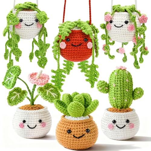 Joyclub Crochet Kit for Beginners Crochet Starter Kits for Adults with Step by Step Video Amigurumi Kit, 6 Pcs Fake Hanging Potted Plants Family, DIY Craft Gifts for Crocheting Lovers Mother Teacher - color: Colorful Plant