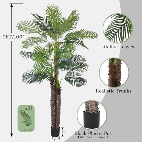 9FT Artificial Palm Tree - Tall Fake Palm Tree with 31 Lifelike Leaves & Realistic Trunk, 108" Large Faux Tropical Phoenix Palm Plant for Home Living Room Poolside Office Hotel Mall Decor - size: 9ft