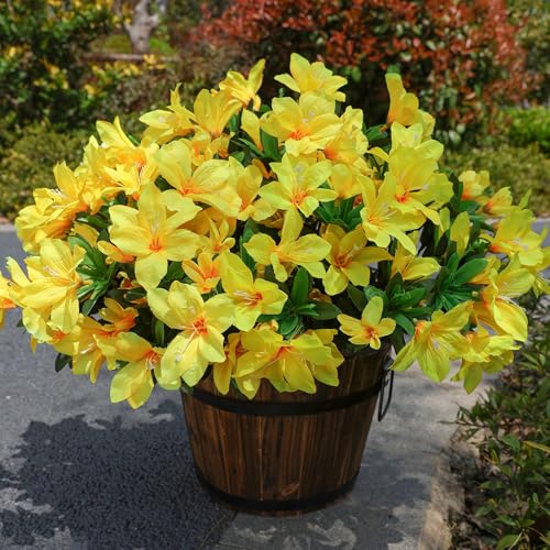 INSPRING Artificial Azalea Flowers Fake Plants for Outdoors Spring Summer Decoration, 3 Bundles UV Resistant Faux Silk Outside Flowers Look Real for Outdoor Planter Front Door Patio Garden, Yellow - color: Yellow