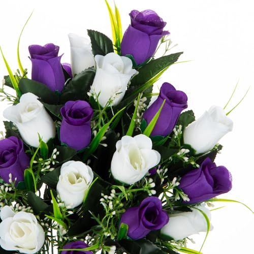 XONOR 2 Sets Artificial Cemetery Flowers, Grave Decorations Roses, Memorial Flowers Bouquet with Vase for Grave Cemetery Decoration (Dark Purple&White) - color: Dark Purple&white