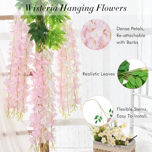 60 Pack White Pink Wisteria Hanging Flowers, Fake Hanging Flowers for Decoration, Artificial Flowers,Vines for Bedroom,Flower Garland for Home,Party,Garden, Wall,Wedding Decoration(3.6 Ft/Pcs) - color: White & Light Pink, size: 60 Pcs