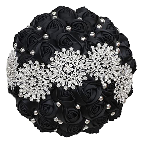 Black Bridal Wedding Bouquet with Luxury Bling Rhinestone Brooch Pearls Satin Rose Flower Bouquet for Bride Bridesmaid Quinceanera Bouquet Wedding Black 7.1in - color: ['Black'], size: Diameter: 7.1 inches