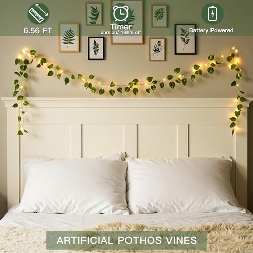 suddus Fake Vines with Lights Battery Operated, 20 LED 6.56FT Pothos Garland Fairy Lights with Timer, Leaf String Lights for Bedroom,Room,Window,Wall,Party,Garden,Wedding Indoor Decor (Warm White) - color: Pothos, size: 20 LED-Copper Wire Battery-Powered