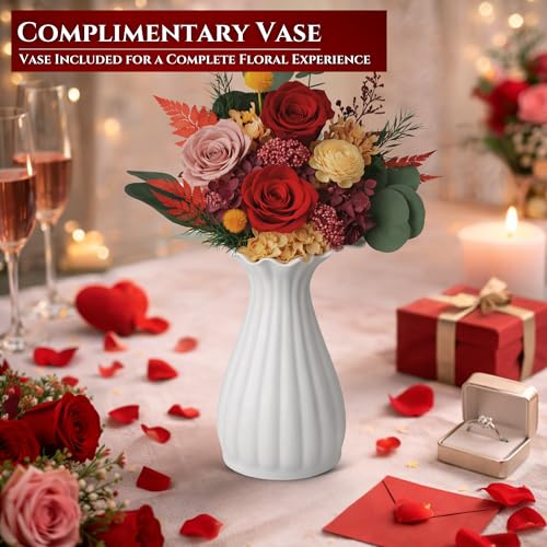 Mother's Day Red Preserved Roses with Vase - Forever Flowers for Mom Wife - Romantic Deep Red Rose Bouquet - Long Lasting Anniversary Birthday Gift for Her - Scented Flower Arrangement - color: Waffle Red